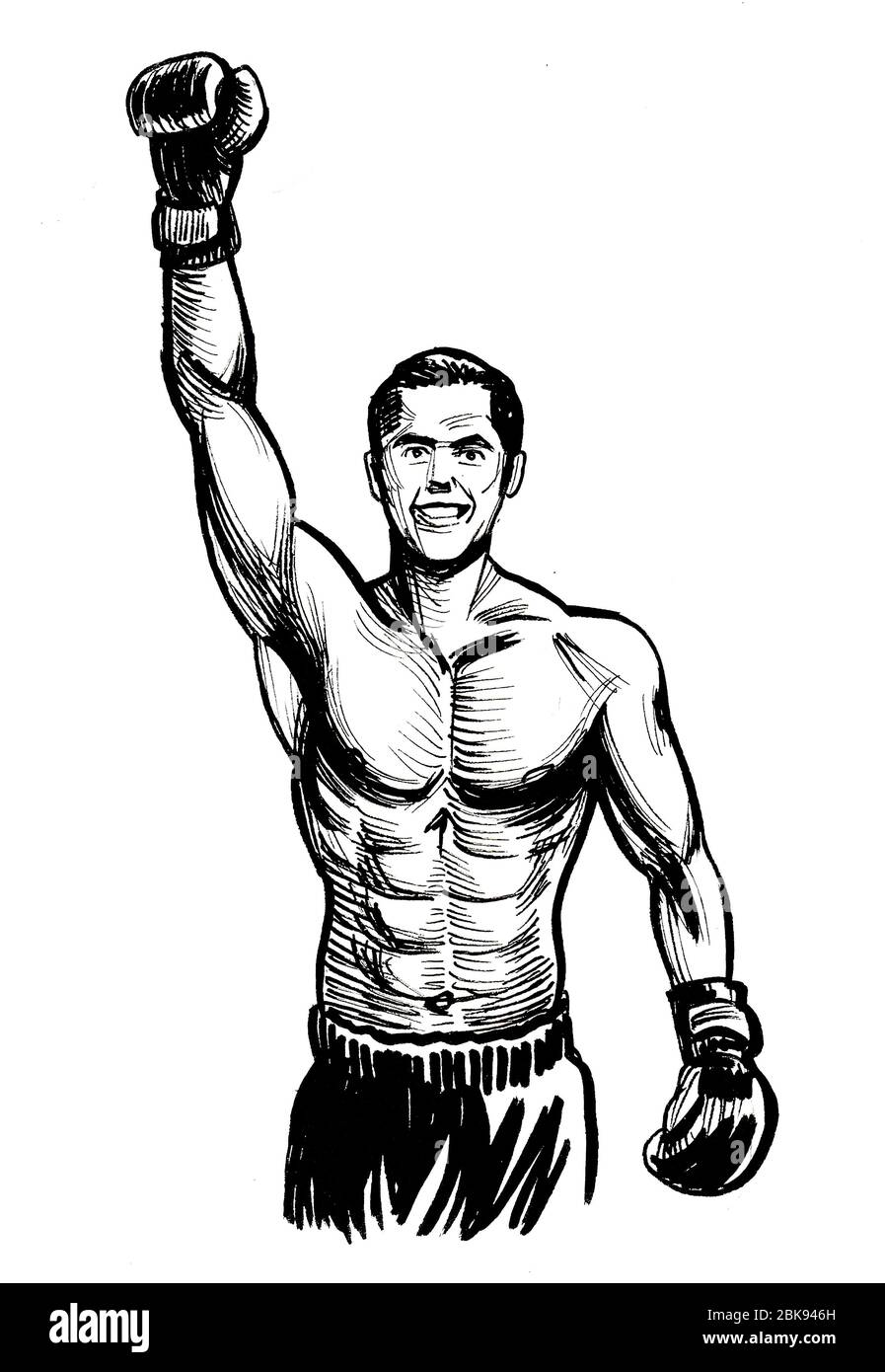 Boxing champion with raised right hand. Ink black and white drawing Stock  Photo - Alamy