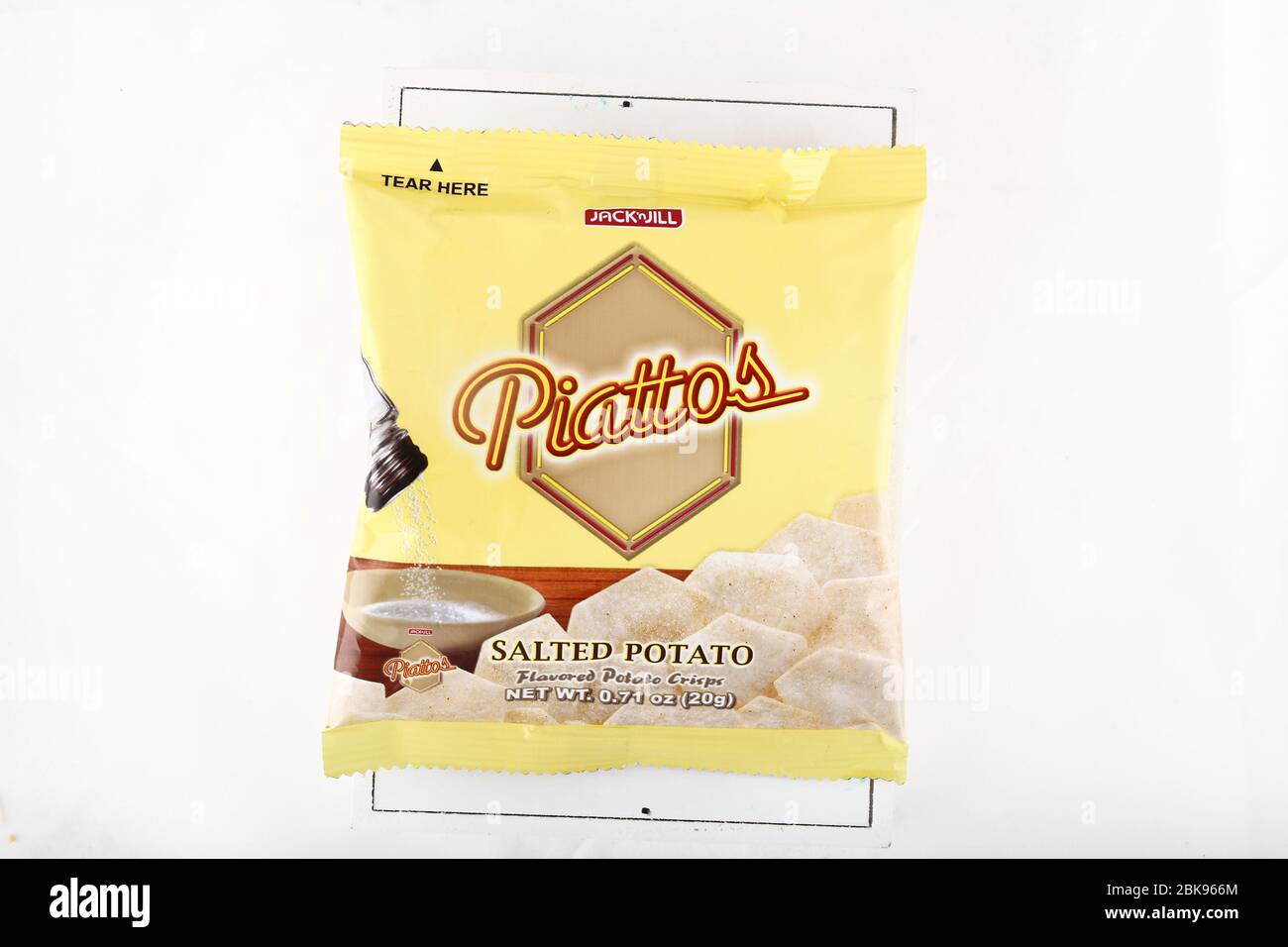 Antipolo City, Philippines - February 6, 2019: Bag of Piattos potato chip snack on an isolated white background. Stock Photo