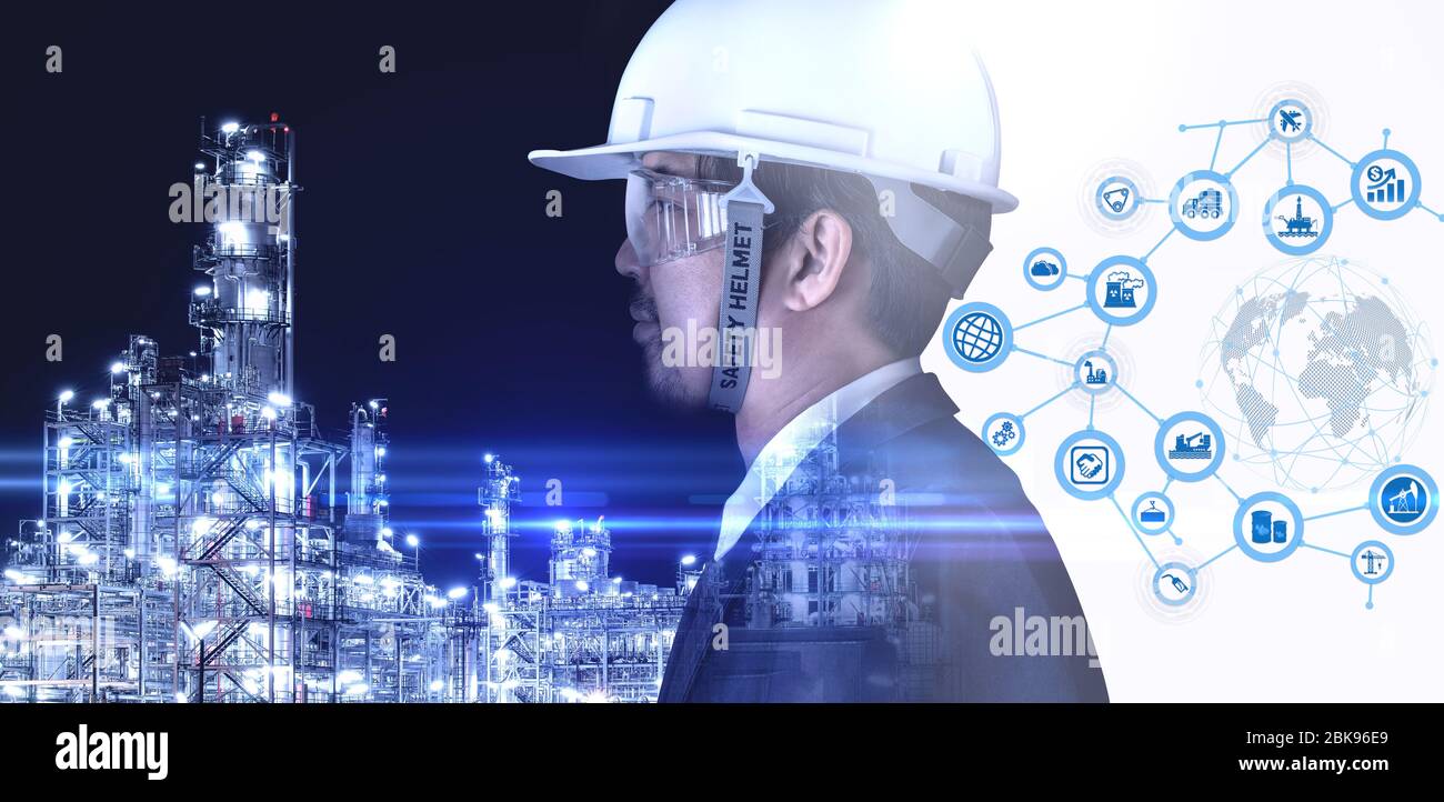 Double exposure of Industry 4.0, Engineer are working at Oil refinery,  icons Technology of manufacturing and oil refining industrial concept image Stock Photo