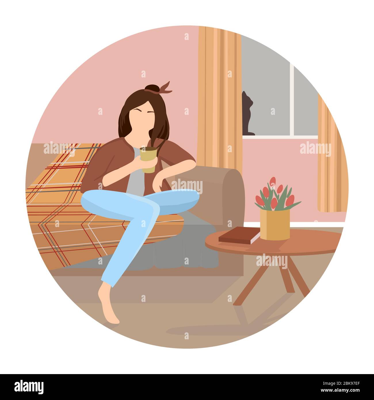 Young girl sitting on the comfortable coach and drinking tea or coffee in room. Woman spending evening time at home. Colored vector illustration Stock Vector