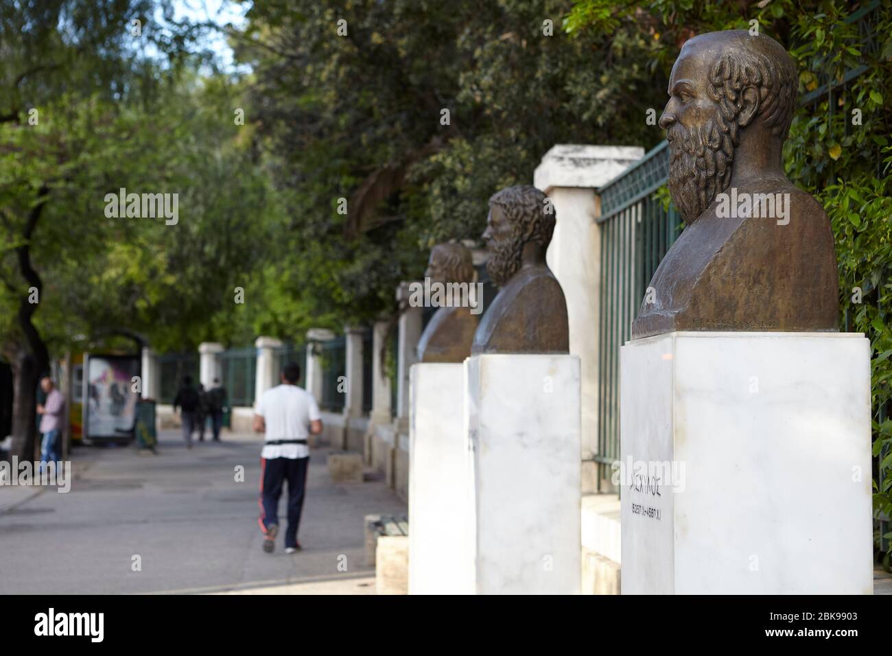Statues of Aeschylus, Sophocles and Euripides in front of National Garden in Athens, Greece Stock Photo