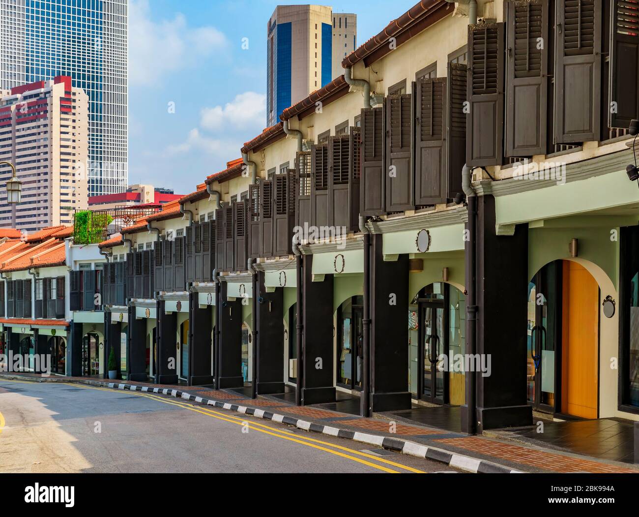 Traditional archway arcade in a street in Chinatown in Singapore with