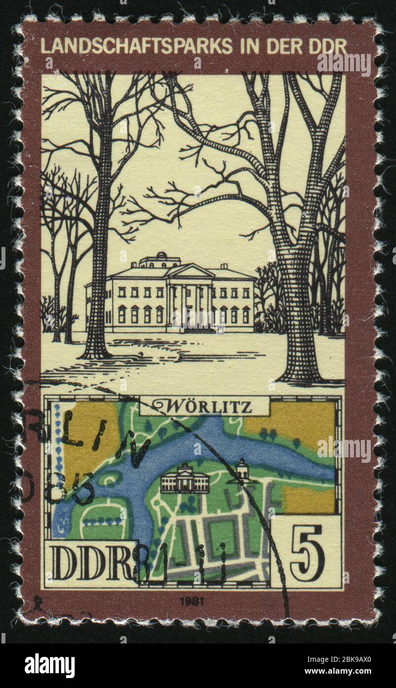 GERMANY- CIRCA 1981: stamp printed by Germany, shows View and Map of Worlitz Park, circa 1981. Stock Photo