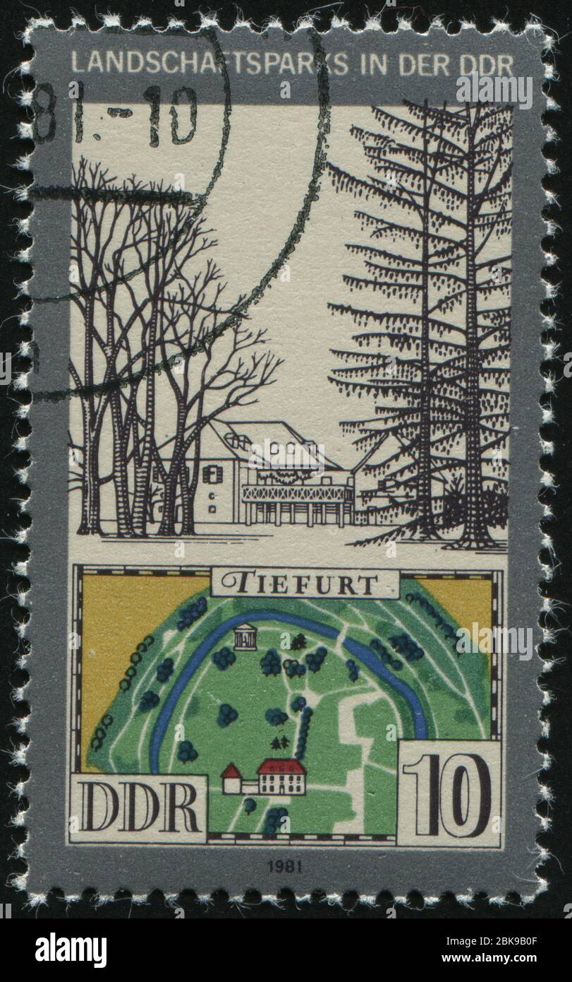 GERMANY- CIRCA 1981: stamp printed by Germany, shows View and Map of Tiefurt Park, circa 1981. Stock Photo