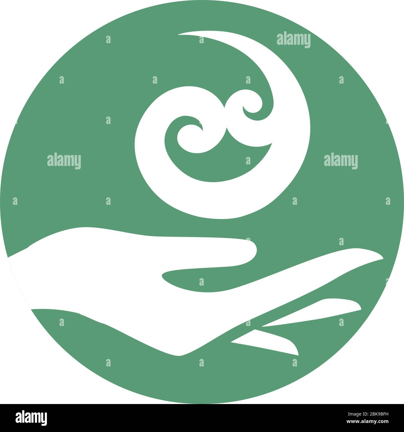 female hand holding Maori spiral shape symbol, based on silver fern