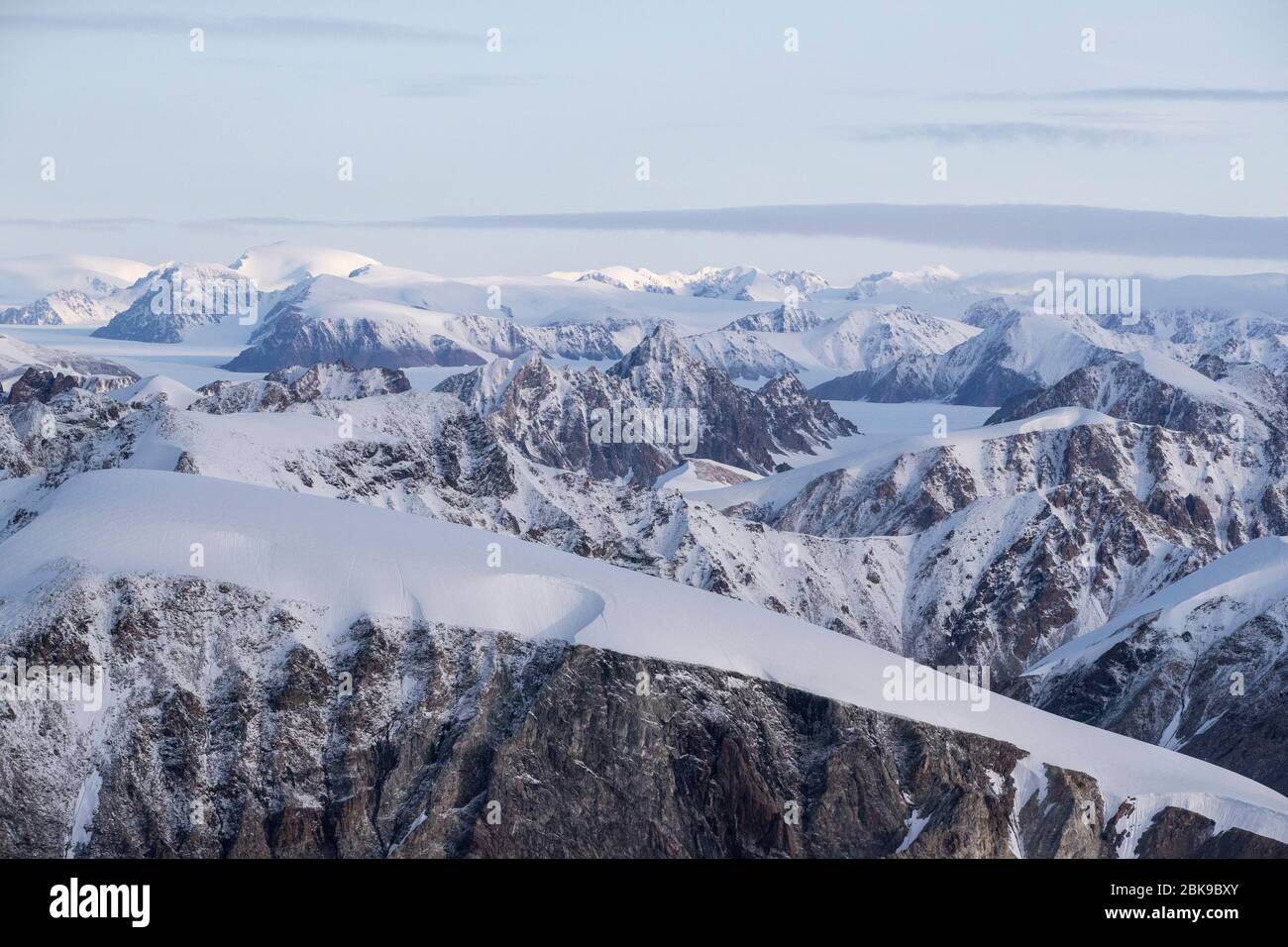 Aerial of snow capped mountains, Ellesmere Island, Canada Stock Photo