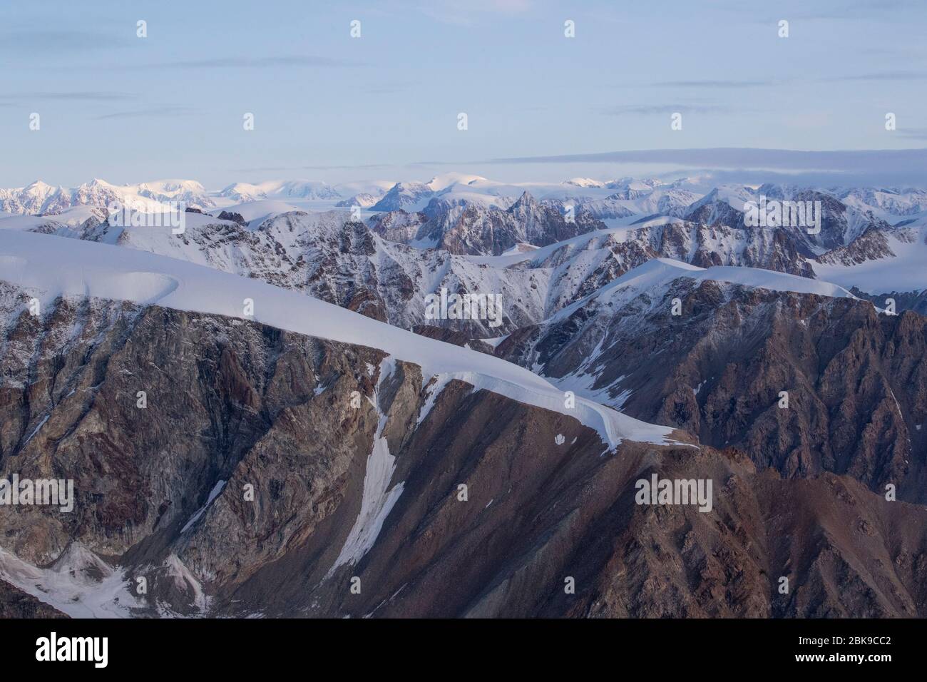 Aerial of snow capped mountains, Ellesmere Island, Canada Stock Photo