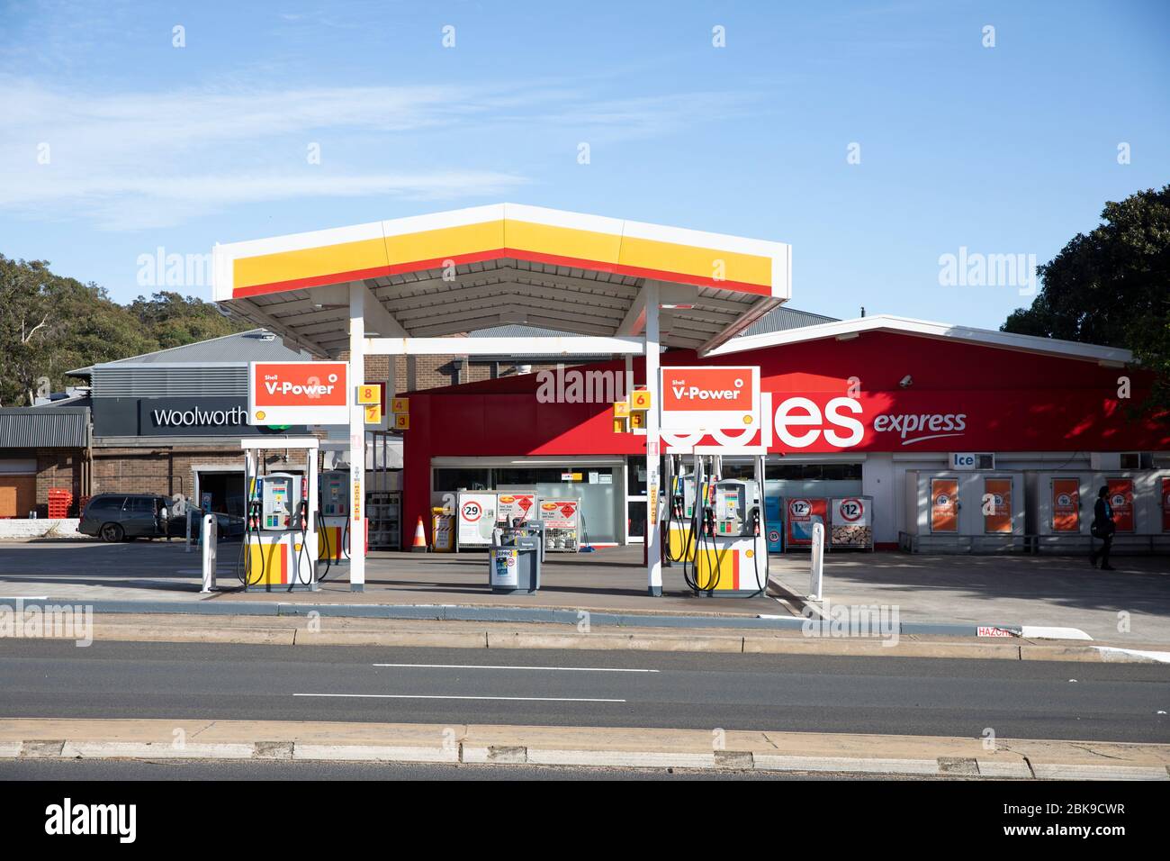 Shell and Coles Express petrol gas station in Avalon Beach Sydney, fuel prices have been declining across australia during covid 19 pandemic,Australia Stock Photo