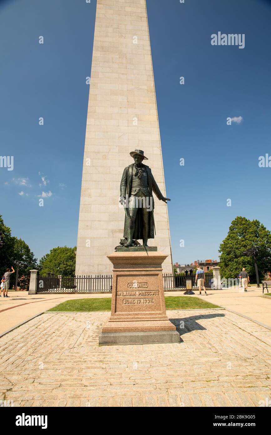 Boston, Massachusetts, US-July 13, 2018: Colonel William Prescott Statue in front of the Monument. Marking the Battle of Bunker Hill, the 221-ft. gran Stock Photo