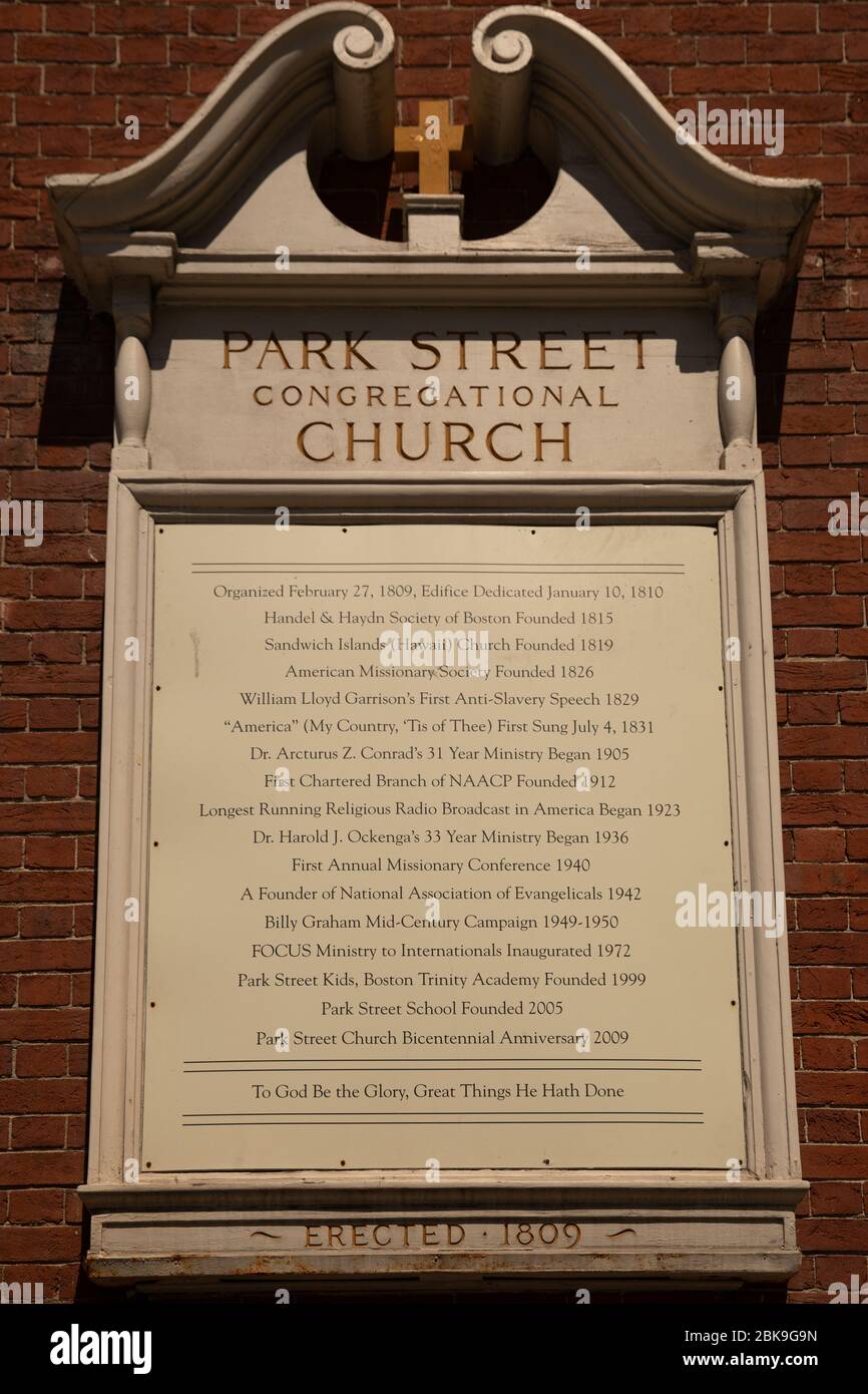 Boston, Massachusetts, US-July 13th, 2018:Park Street Congregational Church Plaque. Stock Photo