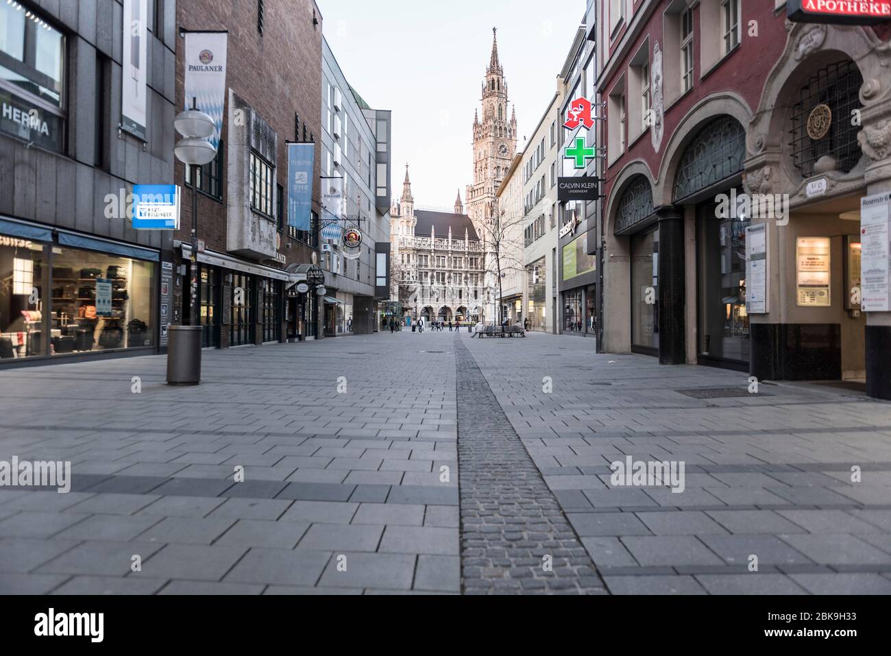 Panoramic view in direction of Marienplatz in corona times, closed shops, Munich, Upper Bavaria, Germany Stock Photo
