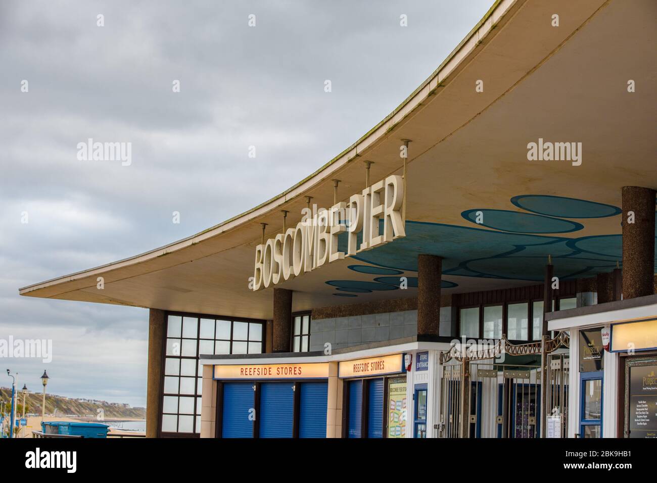 Boscombe, Dorset, UK-December 5th,2017:Restored Victorian pier, with lamps, kiosks and wooden boarding,hosting art exhibitions and events. Stock Photo