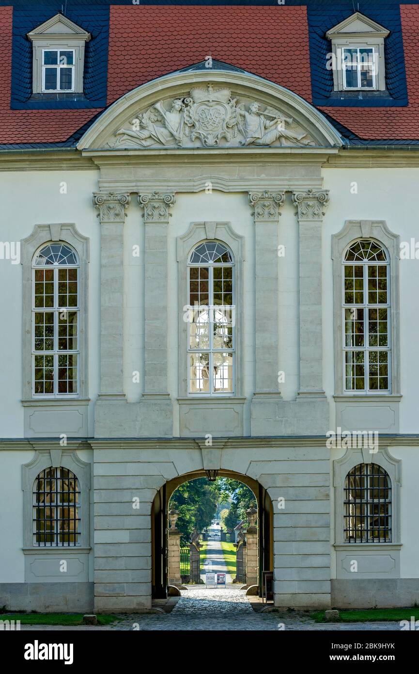 Gate and castle entrance under the ballroom, baroque castle Fasanerie, Eichenzell, Fulda, Hesse, Germany Stock Photo