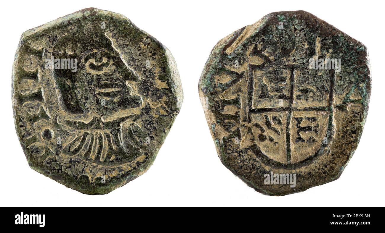 Ancient copper coin of the Spanish king Felipe IV. Stock Photo