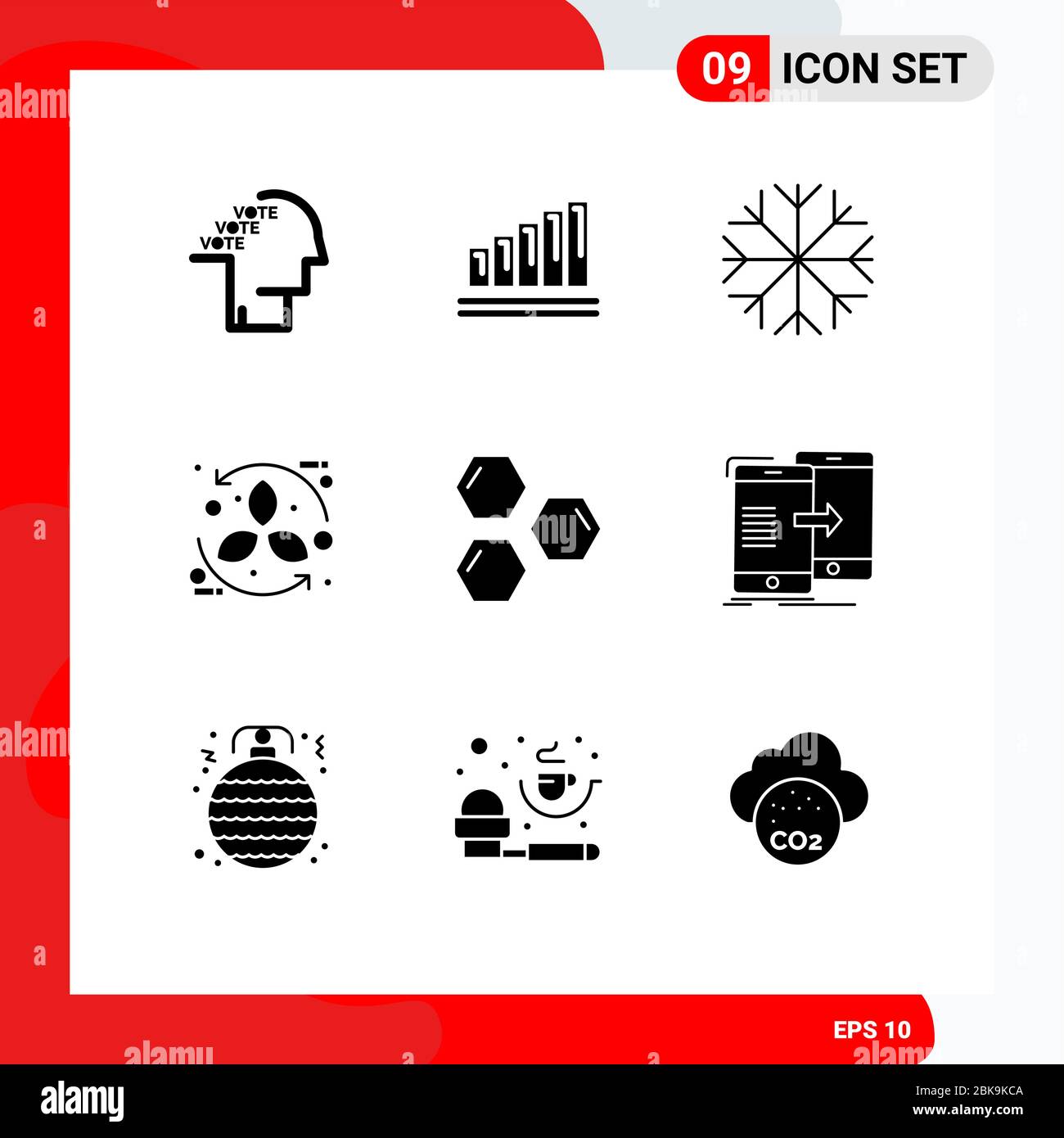 Group of 9 Modern Solid Glyphs Set for cells, leaf, business, eco, bio Editable Vector Design Elements Stock Vector