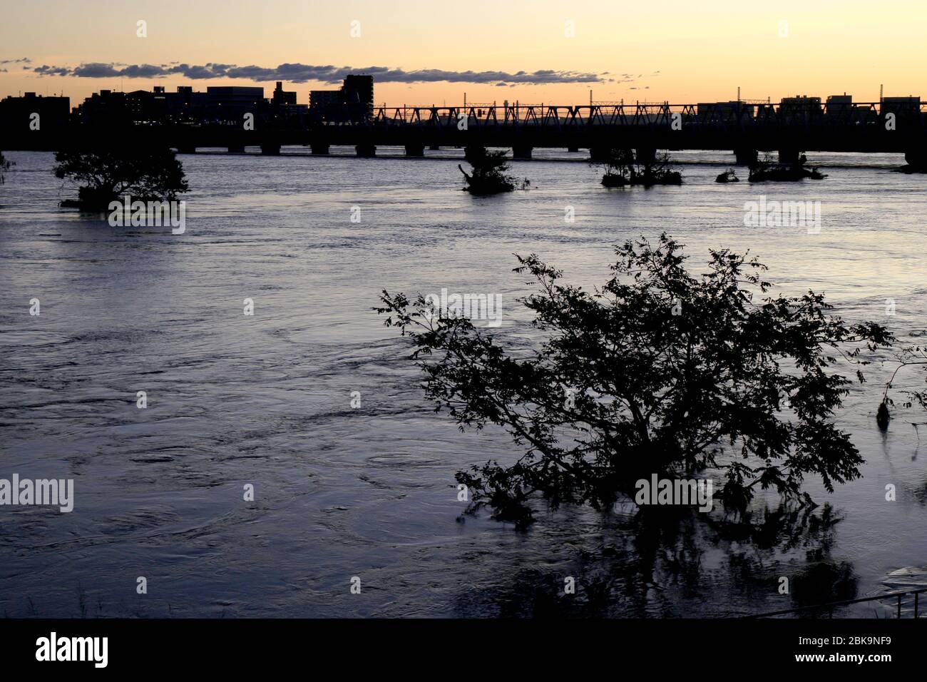 Scenery of the lower reaches of the Tama River in the morning when typhoon No. 19 accompanied by heavy rain passed by on October 13, 2019 Stock Photo