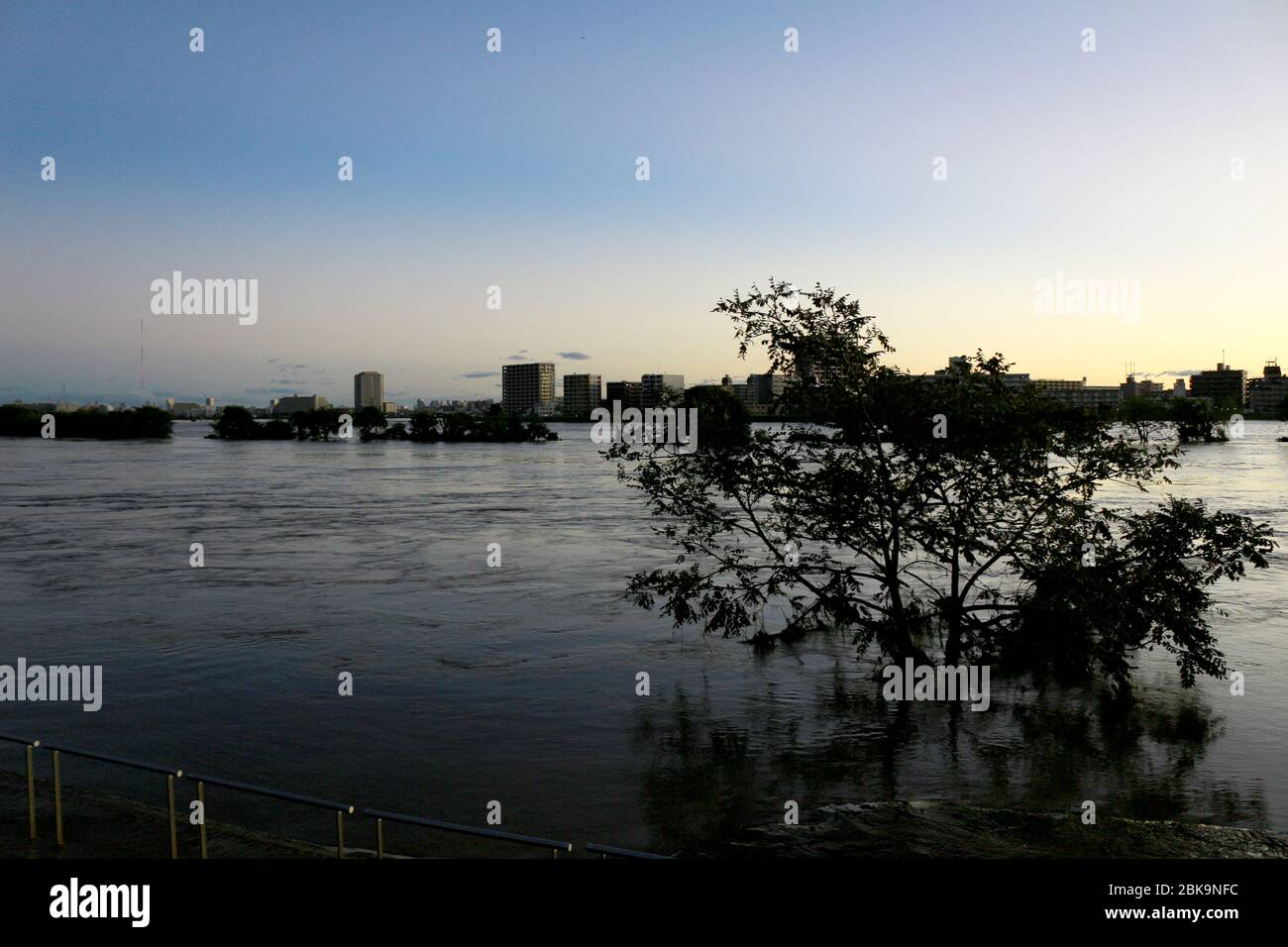 Scenery of the lower reaches of the Tama River in the morning when typhoon No. 19 accompanied by heavy rain passed by on October 13, 2019 Stock Photo