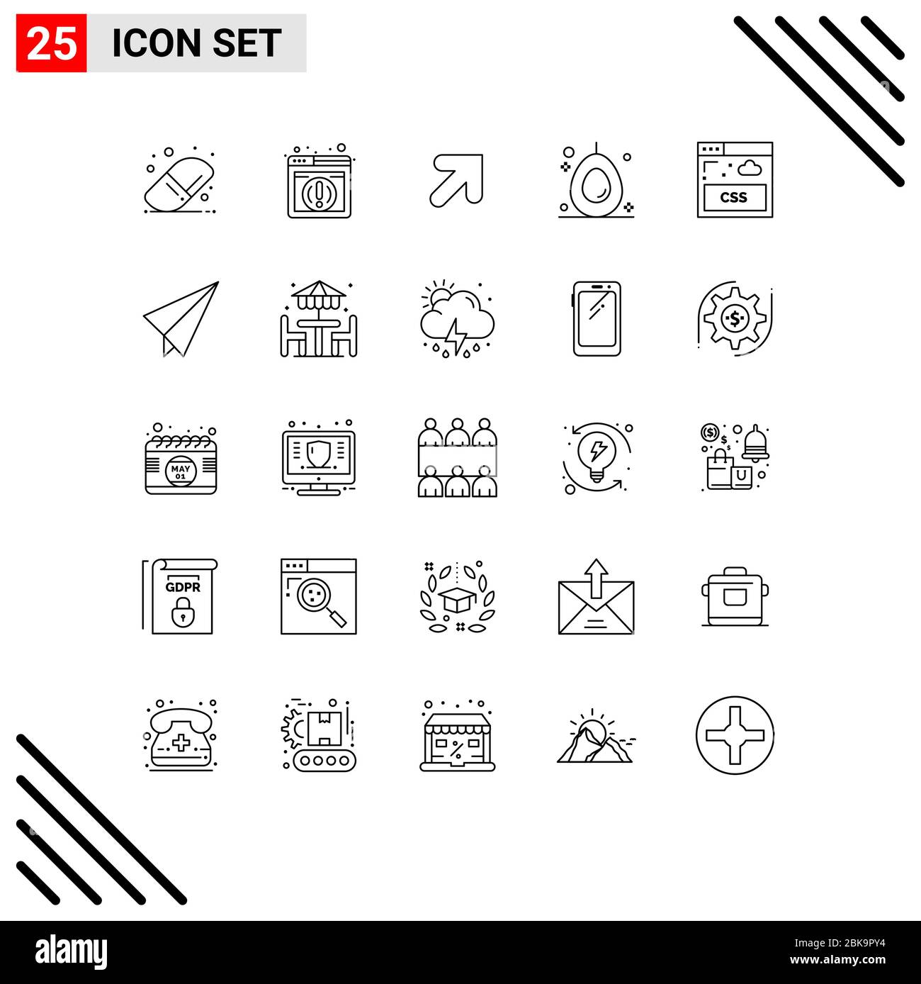 Modern Set of 25 Lines and symbols such as plane, paper, right, style, internet Editable Vector Design Elements Stock Vector