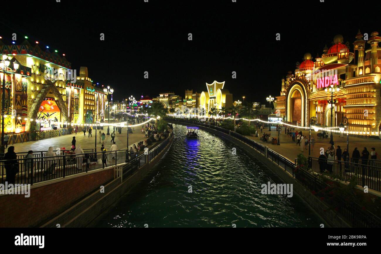 Dubai, United Arab Emirates - March 22, 2018 Global village beautiful creak between the shores at night Stock Photo