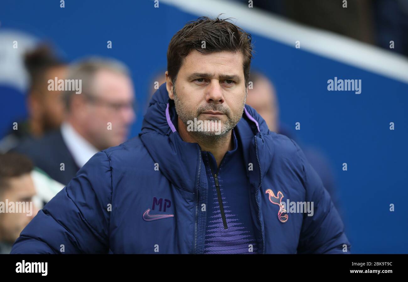 Tottenham's manager Mauricio Pochettino during an English Premier League soccer match between Brighton & Hove Albion and Tottenham Hotspur at the Amex Stadium in Brighton, Britain 5 October 2019  EDITORIAL USE ONLY. No use with unauthorized audio, video, data, fixture lists, club/league logos or 'live' services. Online in-match use limited to 120 images, no video emulation. No use in betting, games or single club/league/player publications. Stock Photo