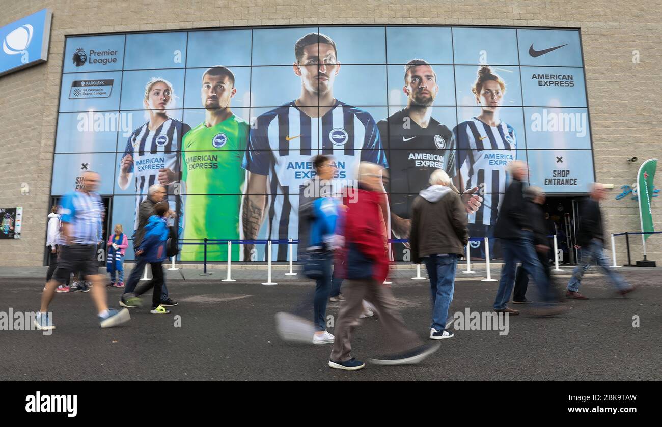 Fans arrive at the stadium for the English Premier League soccer match between Brighton & Hove Albion and Tottenham Hotspur at the Amex Stadium in Brighton, Britain 5 October 2019  EDITORIAL USE ONLY. No use with unauthorized audio, video, data, fixture lists, club/league logos or 'live' services. Online in-match use limited to 120 images, no video emulation. No use in betting, games or single club/league/player publications. Stock Photo