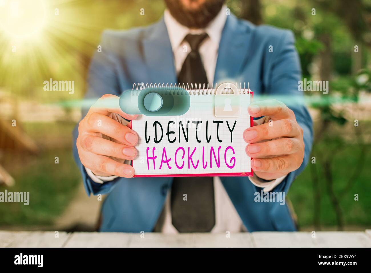 Writing note showing Identity Hacking. Business concept for criminal that steal your an individualal information using malware Stock Photo