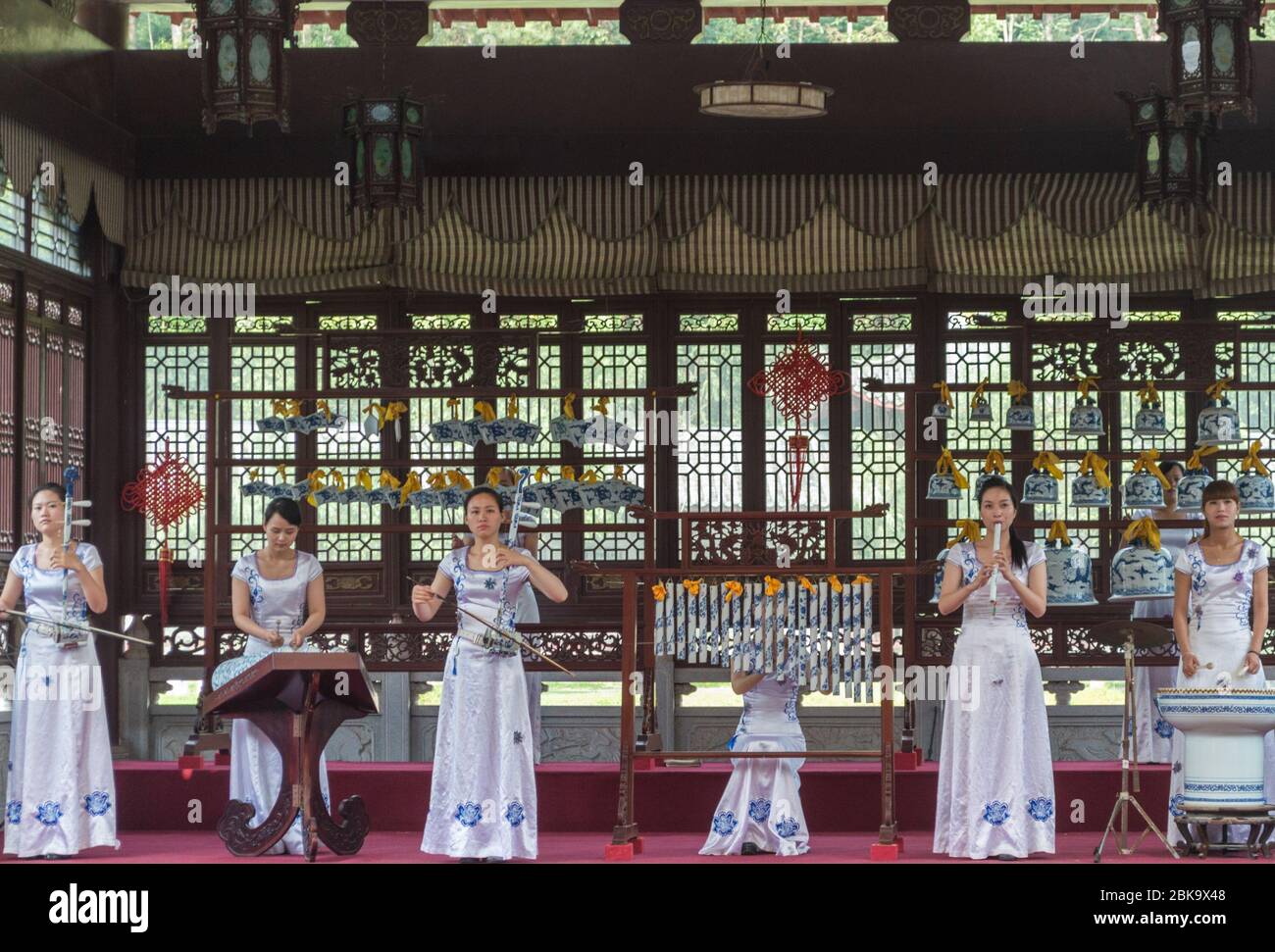 Jingdezhen, Jiangxi province / China - May 29, 2014: Female music ensemble performing traditional Chinese music on porcelain instruments in Jingdezhen Stock Photo