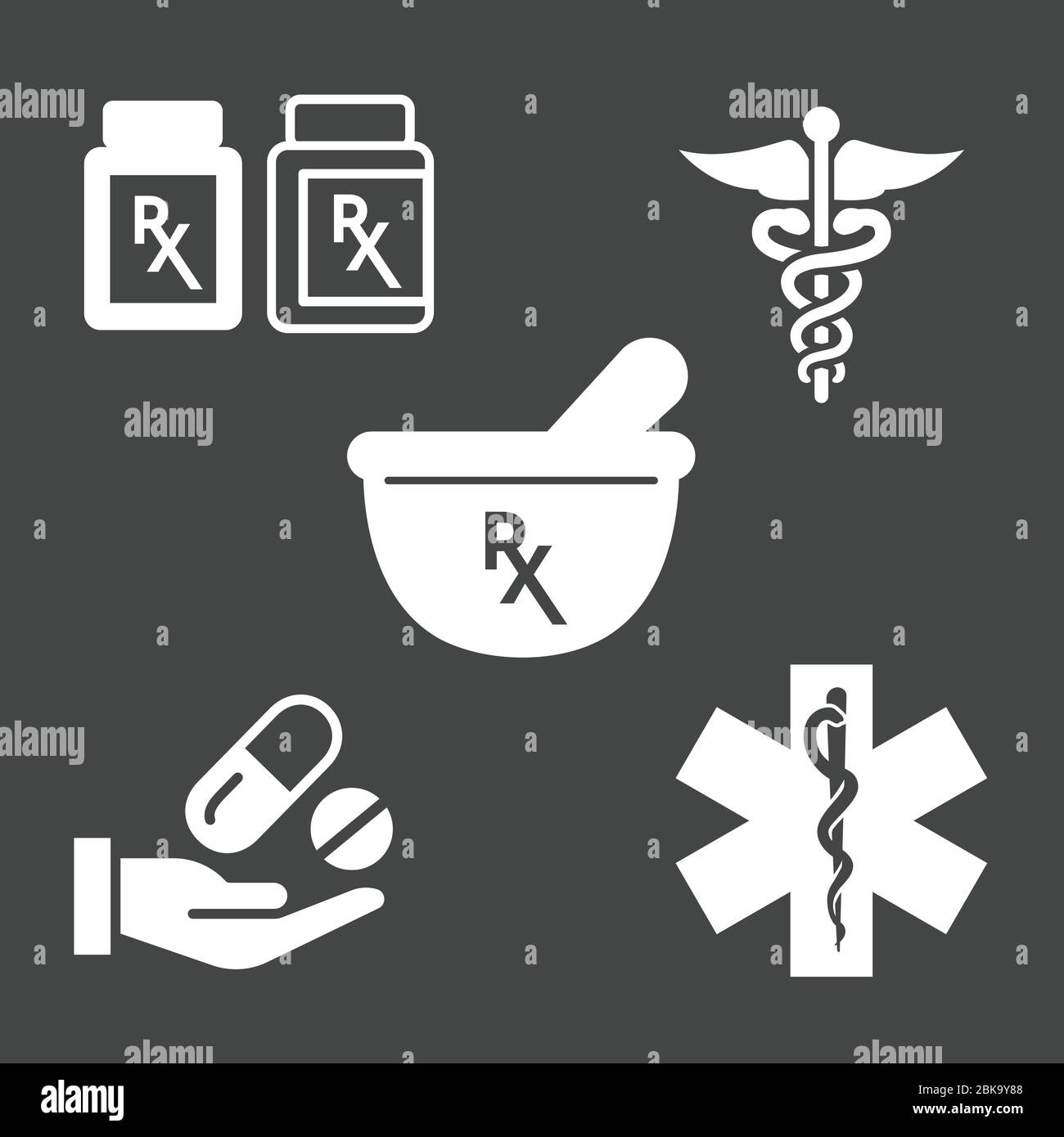 Pharmacy and Prescription Icon Set mortar and pestle, star of life