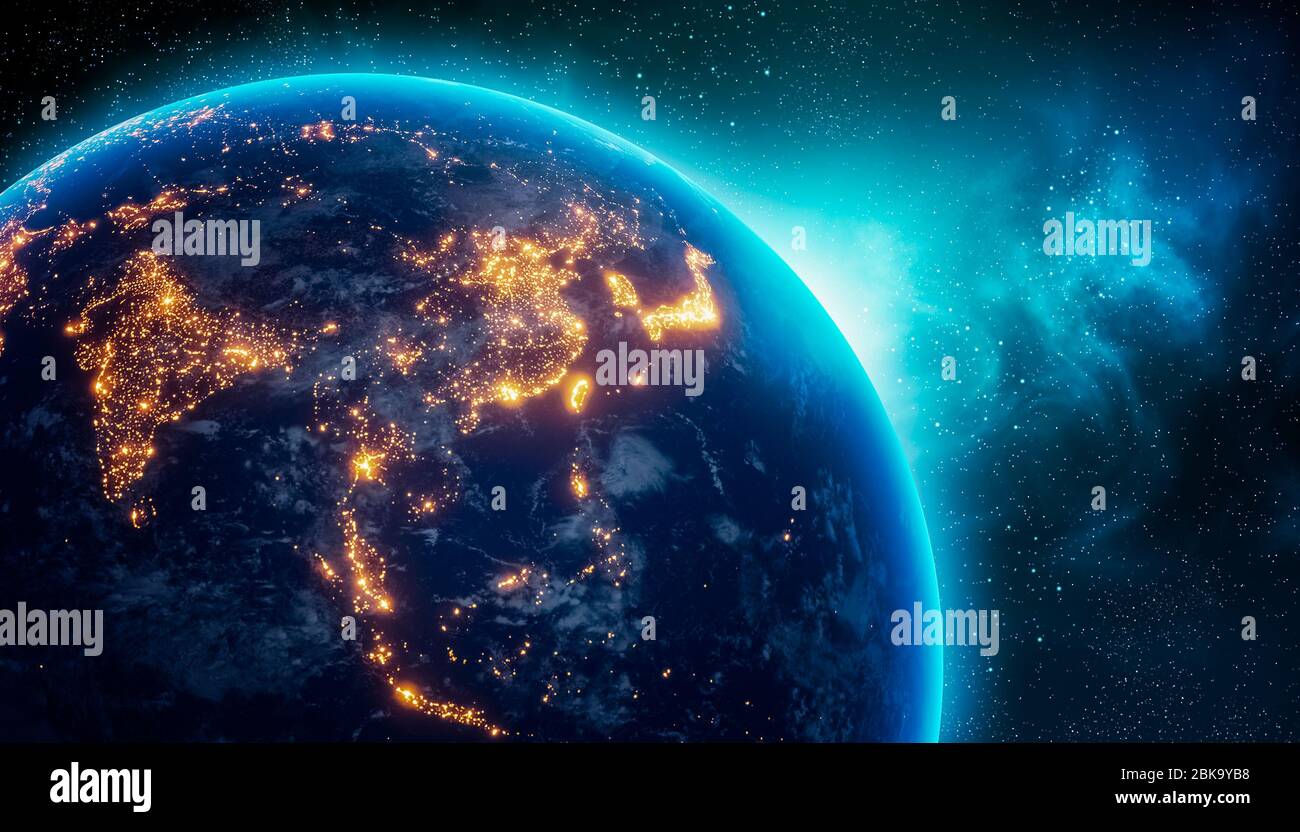 City lights of Central and East Asia continent at night from outer space. 3D rendering illustration. Earth map texture provided by Nasa. Energy consum Stock Photo