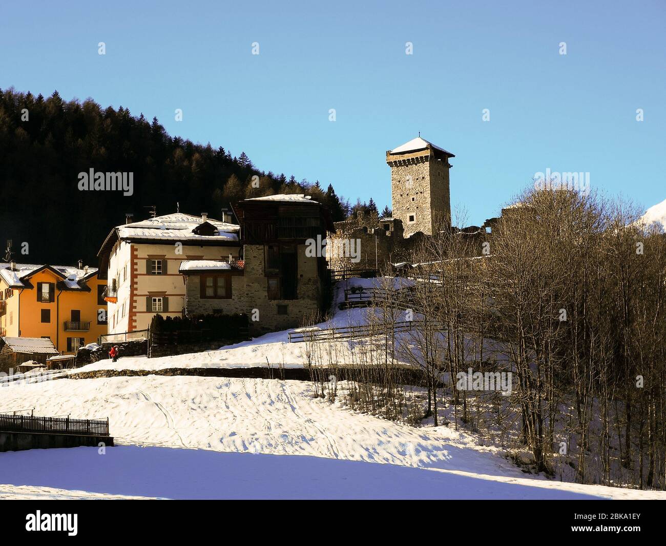 Winter view of the castle of San Michele, a medieval fortification that rises in the village of Ossana, in the Val di Sole, Trentino-Alto Adige, Italy Stock Photo