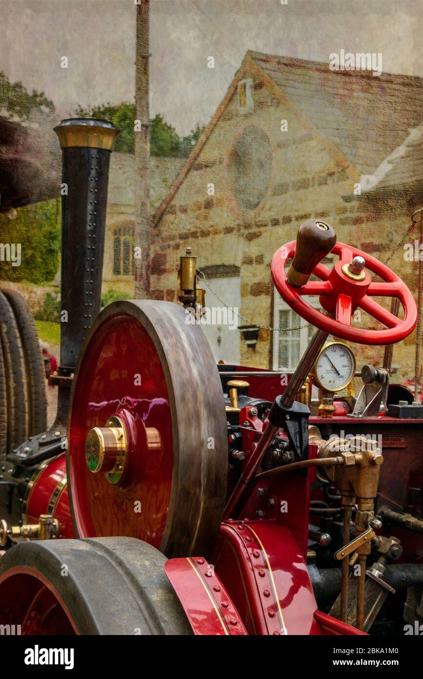Parts of a steam engine in closeup showing the intricate details of
