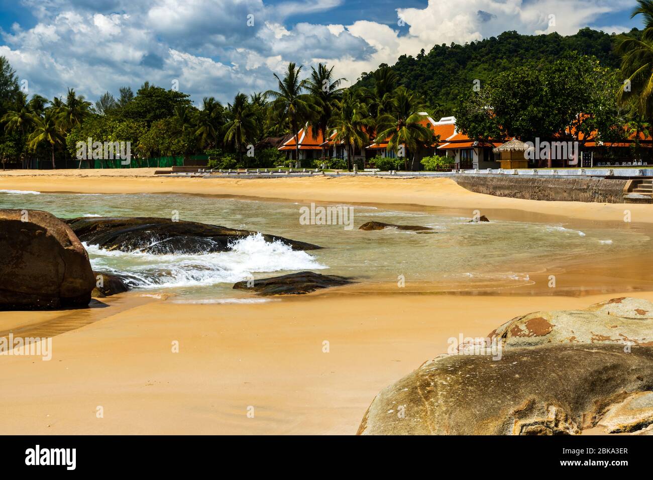 Closed resorts and a deserted tropical beache during the Covid-19 Coronavirus lockdown and travel ban. Stock Photo