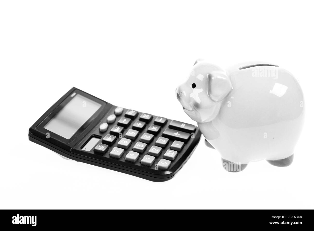 bookkeeping. financial problem. money saving. Accounting and payroll. planning and counting budget. moneybox with calculator. Piggy bank. income capital management. pension. Stock Photo