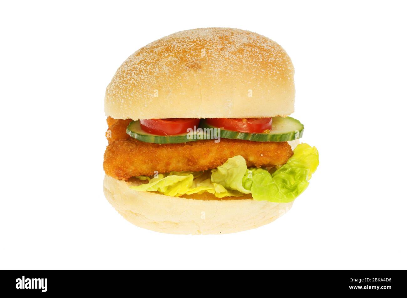 Fish fingers with salad in a bread roll isolated against white Stock Photo