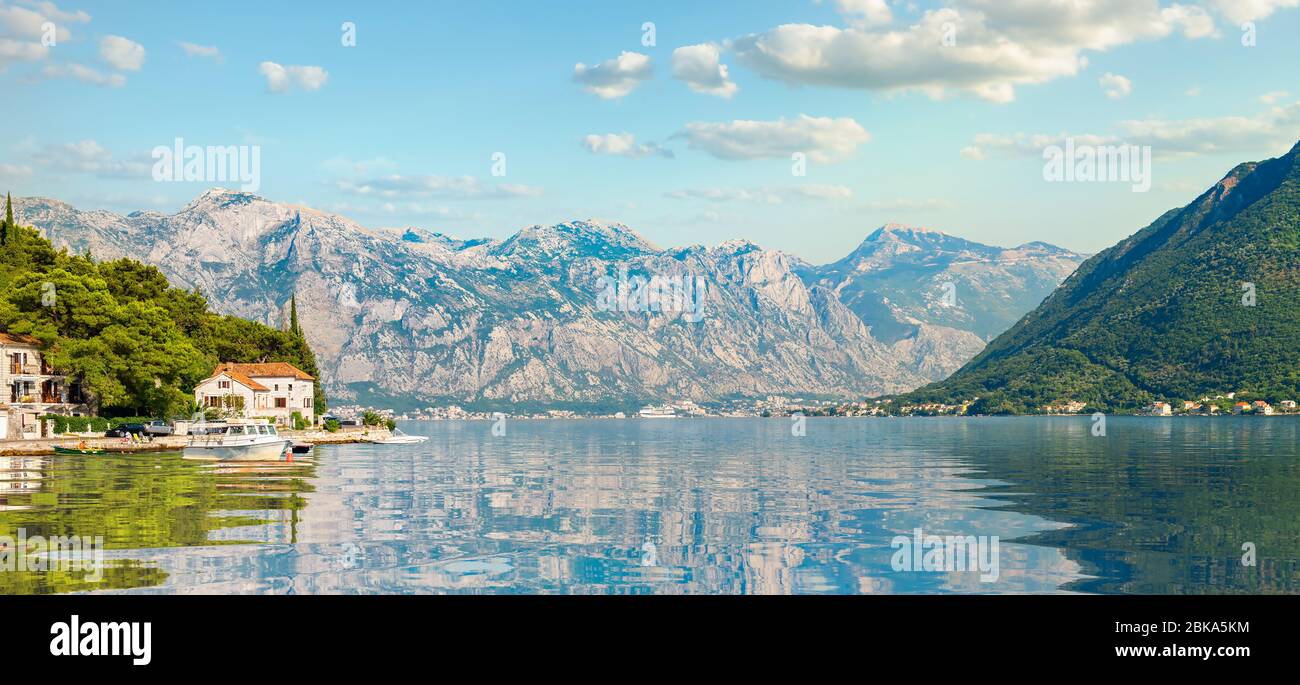 View Lovcen mountain from Bay of Kotor and Perast town Stock Photo