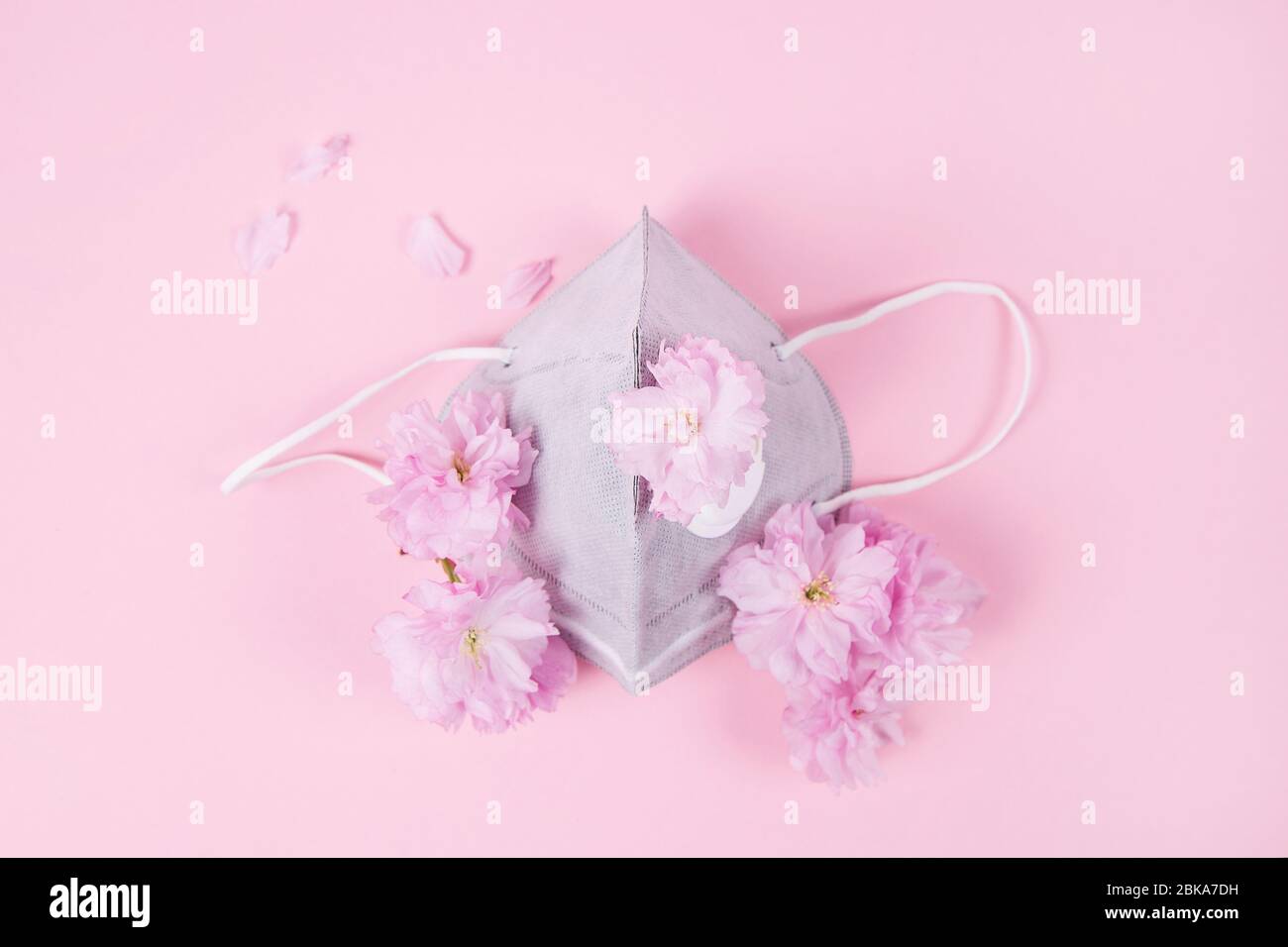 Face mask with sakura flowers on pink background. Dust mask or filtering facepiece respirator - breathing protection against air pollution or flu or v Stock Photo