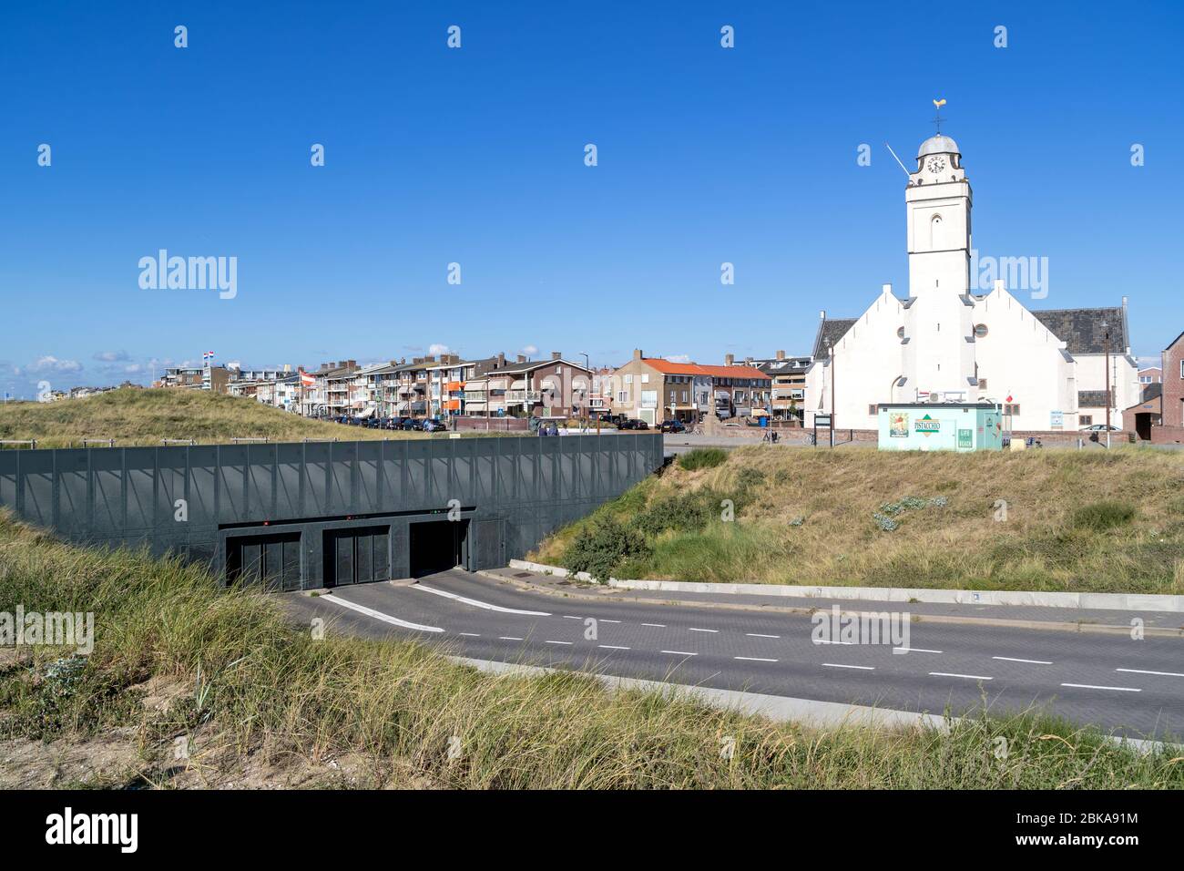 Kerk Katwijk Aan Zee Underground carpark and Andreaskerk (St. Andrew's church) in Katwijk