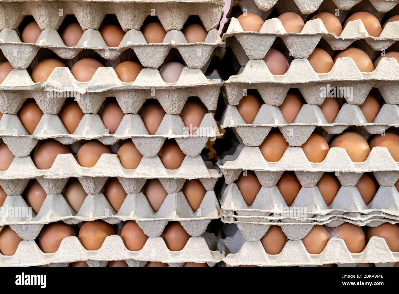 fresh eggs in carton at market Stock Photo