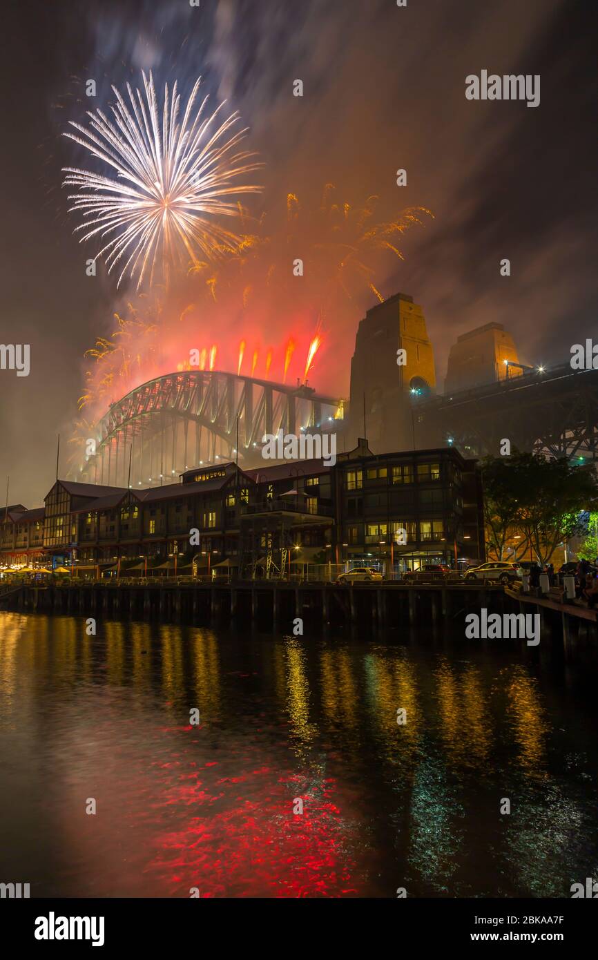 View of Sydney Harbour Bridge fireworks on New Years Eve, Sydney, New South Wales, New South Wales, Australia Stock Photo