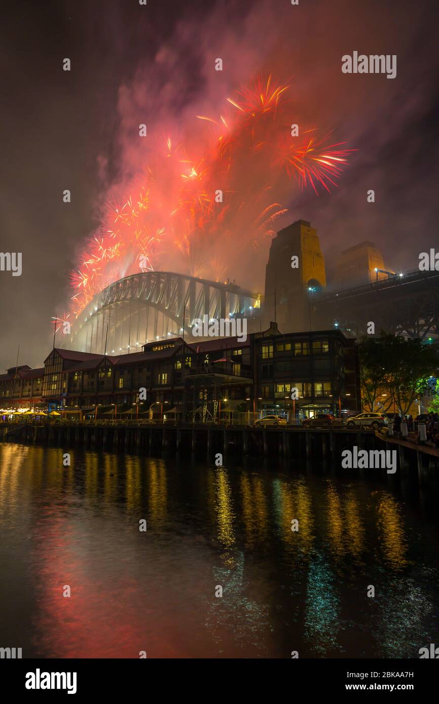 View of Sydney Harbour Bridge fireworks on New Years Eve, Sydney, New South Wales, New South Wales, Australia Stock Photo