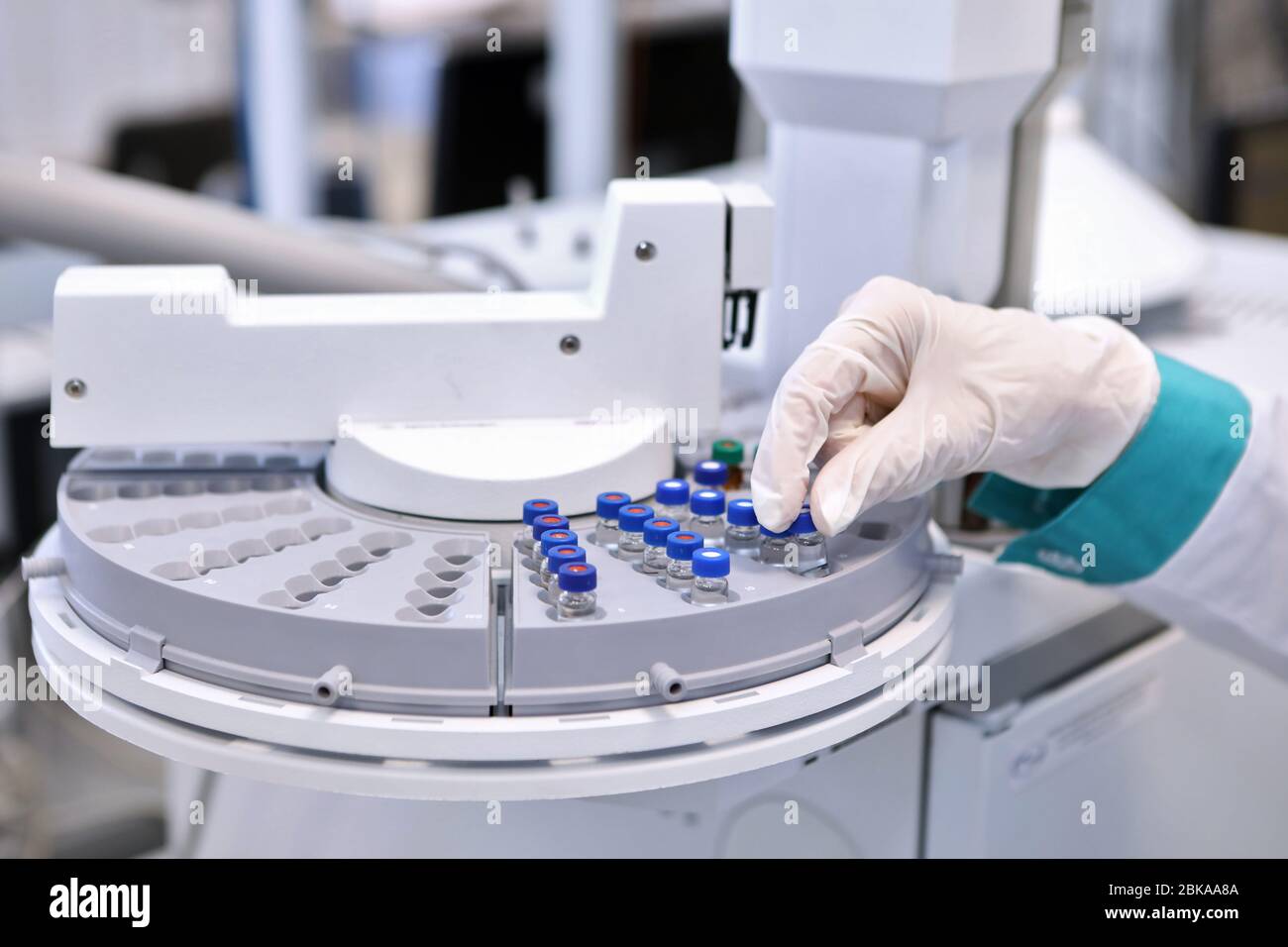 Quality Control Laboratory medicine. Chromatograph operation. A woman