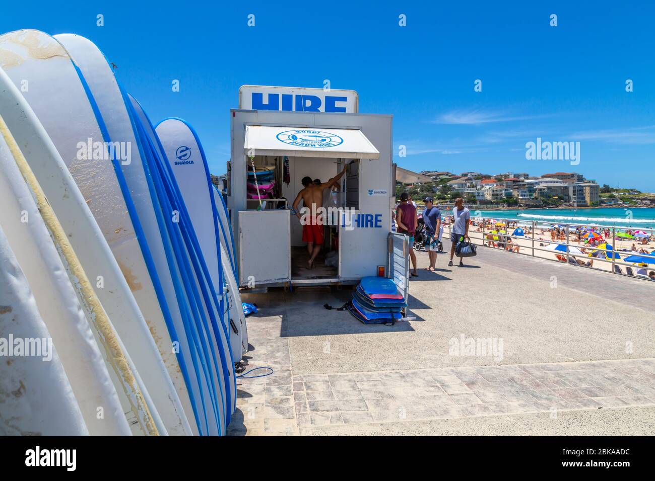 View of surf board hire shack on Bondi Beach, Sydney, New South Wales, New South Wales