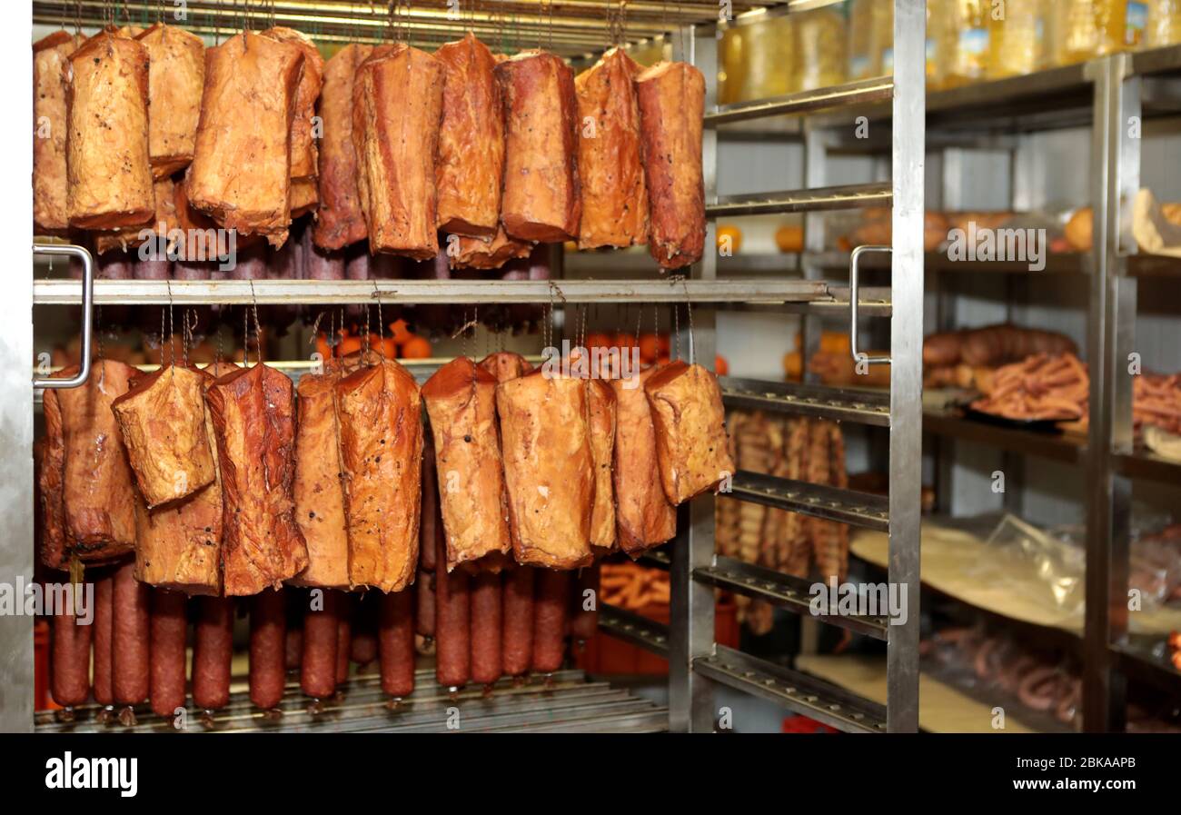Meat sausages on production line hi-res stock photography and images ...