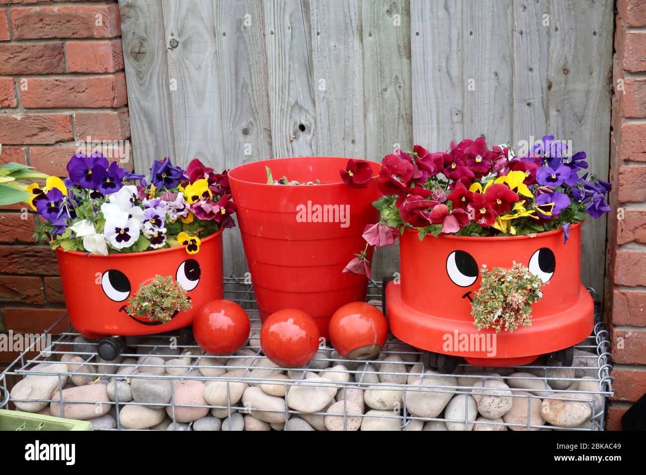 Ipswich, Suffolk, UK - 3 May 2020: Henry Hoover vacuum cleaners rescued from the tip and used to display brightly coloured pansies. Stock Photo