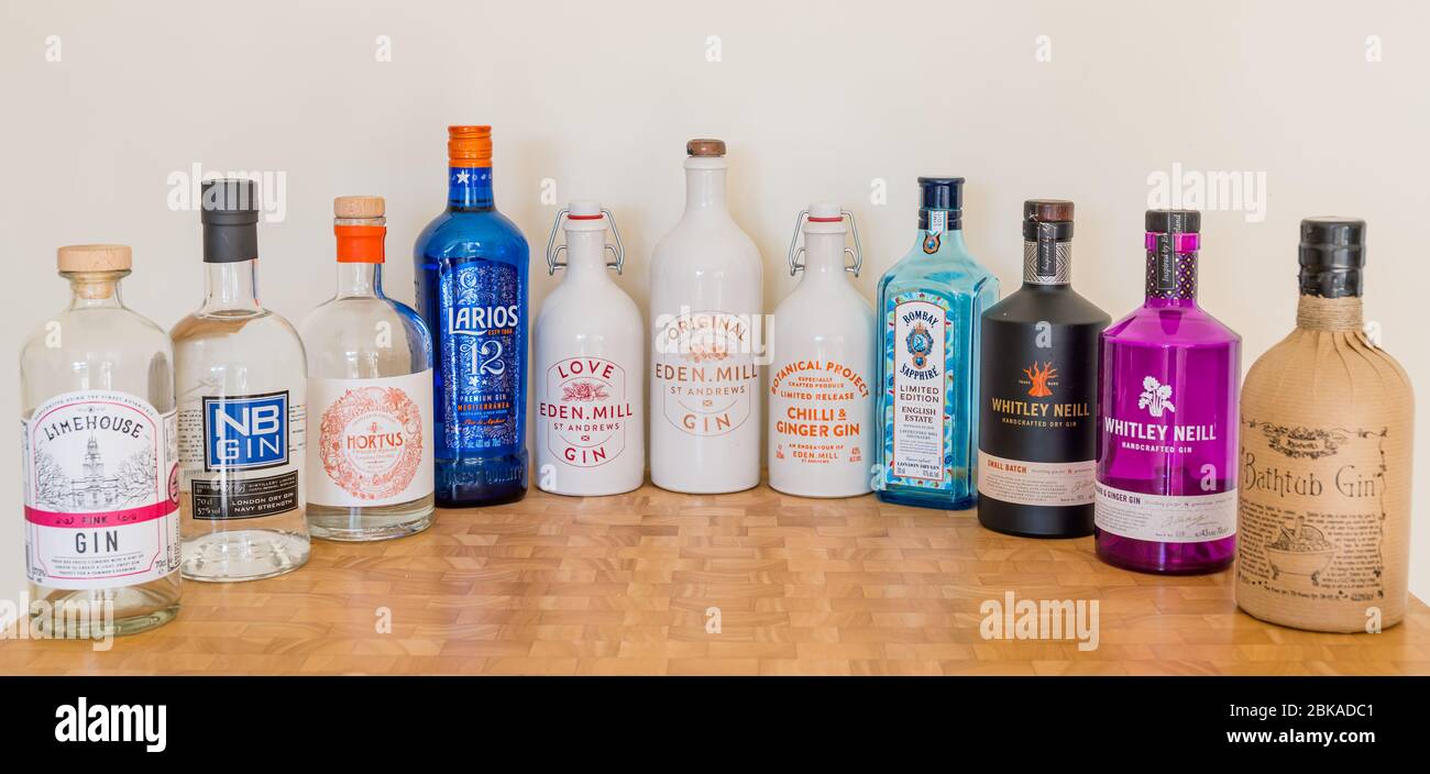 Gin brand bottles: Eden Mill, Bombay Sapphire limited edition, Limehouse, Ableforth's Bathtub, Whitley Neill, Hortus, NB gin & Larios premium gin Stock Photo