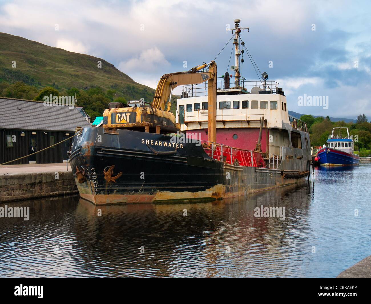 The dredger Shearwater at the top of Neptune's Staircase locks on the Caledonian Canal. The vessel was built in 1968 and has a gross tonnage of 342T Stock Photo