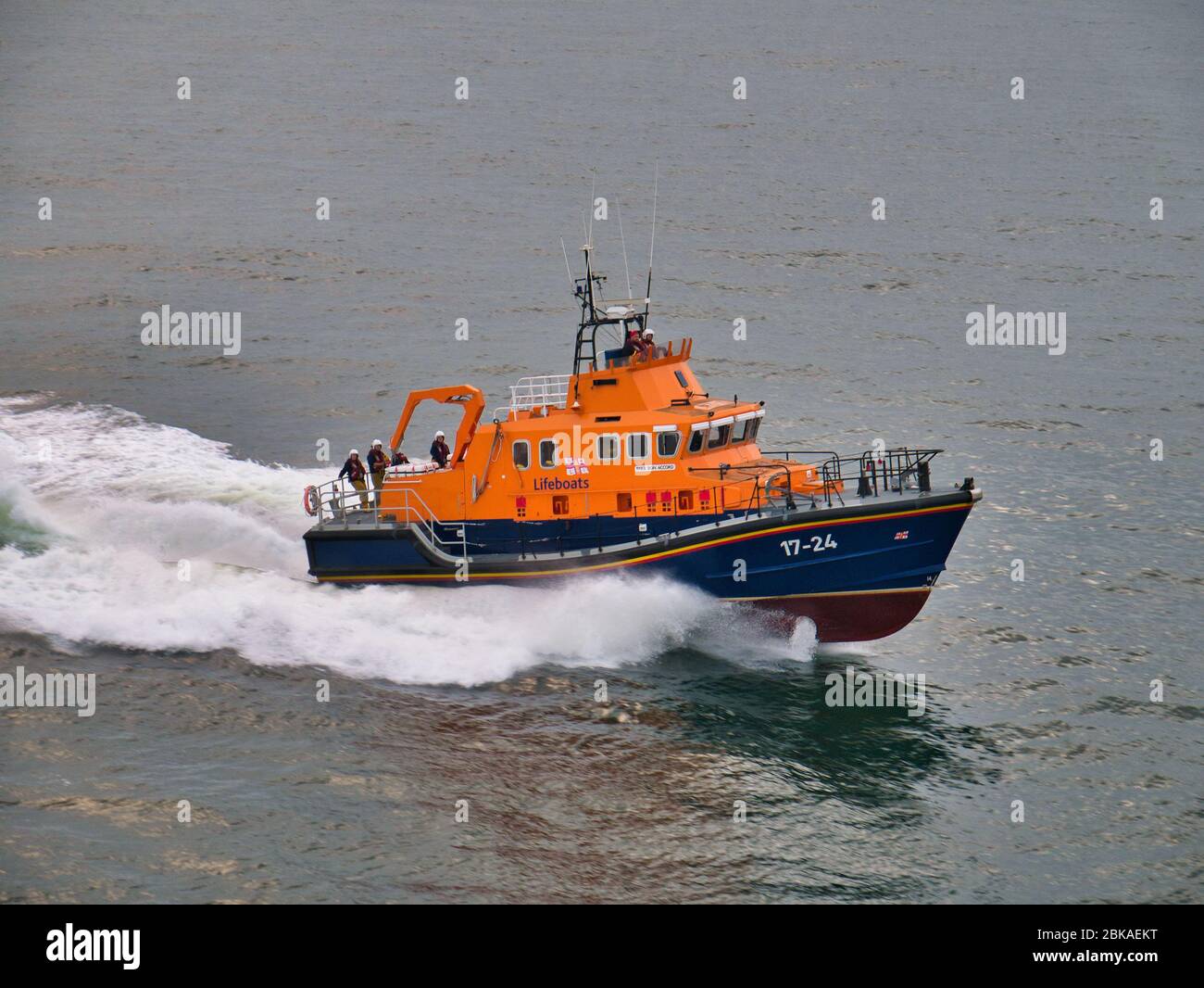 Aberdeen RNLI Lifeboat at sea, travelling at speed - this is a Severn class, self-righting, all-weather lifeboat with a crew of 7. Stock Photo