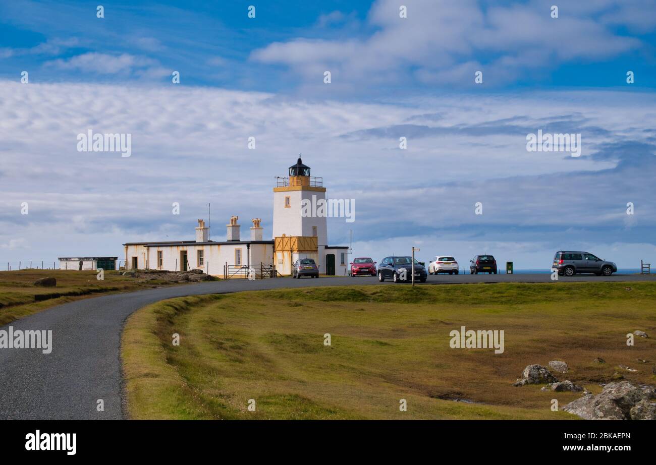Eshaness Lighthouse and tourist car park in Northmavine, Shetland, Scotland, UK - built by David Alan Stevenson, one of the 'lighthouse' Stevensons Stock Photo