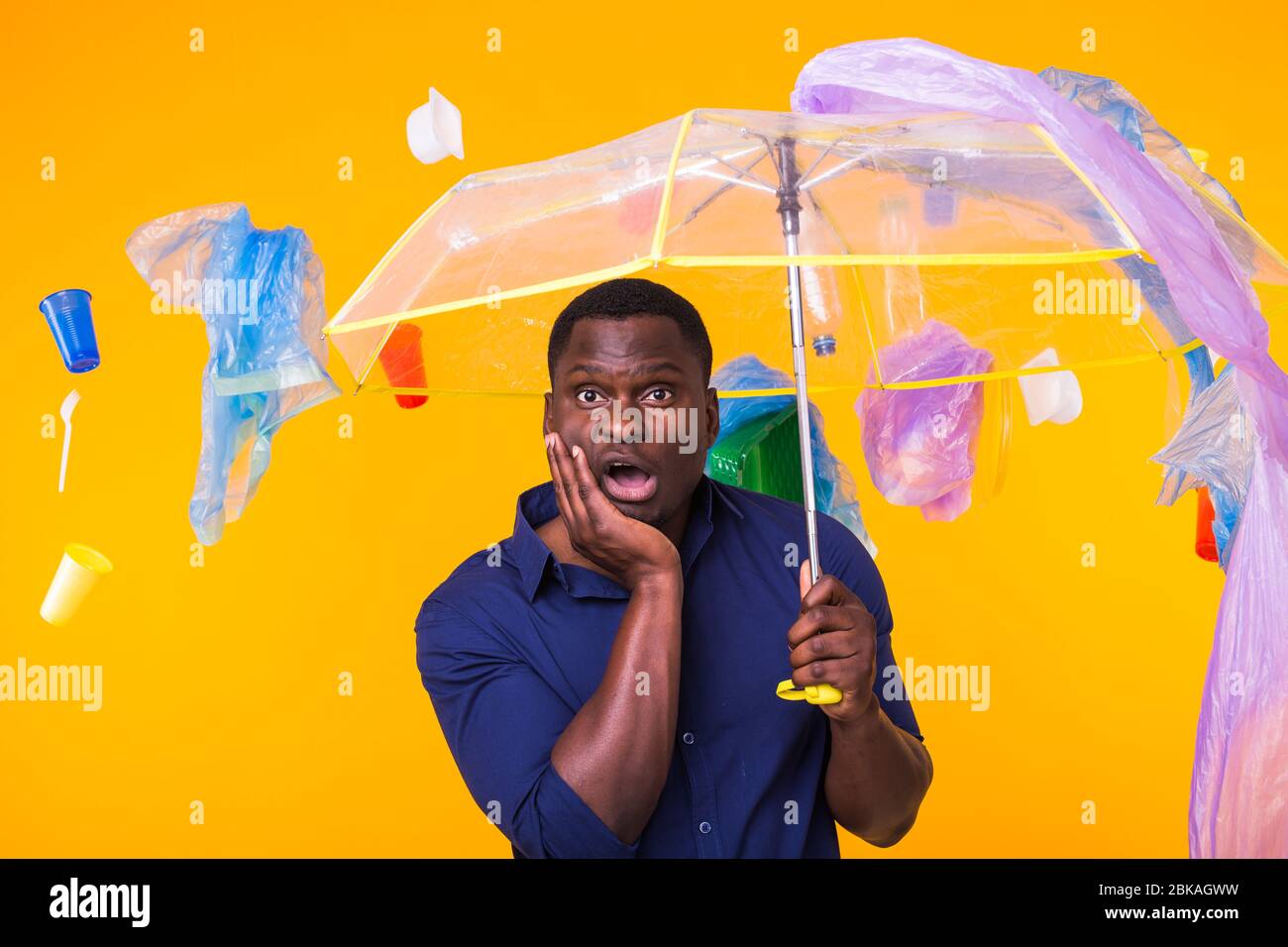 Plastic recycling problem, ecology and environmental disaster concept Scared man screaming on