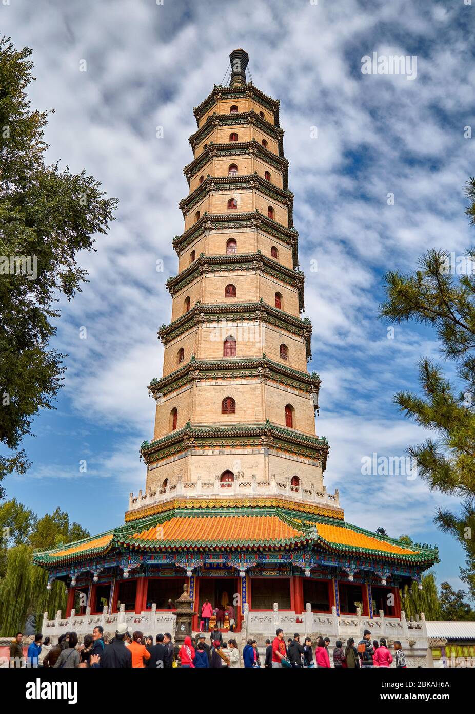 Chengde / China - October 3, 2014: Tourist visit Glazed octagonal Pagoda at Xumifushou Temple in Chengde Mountain resort, Chengde, Hebei province, Qin Stock Photo
